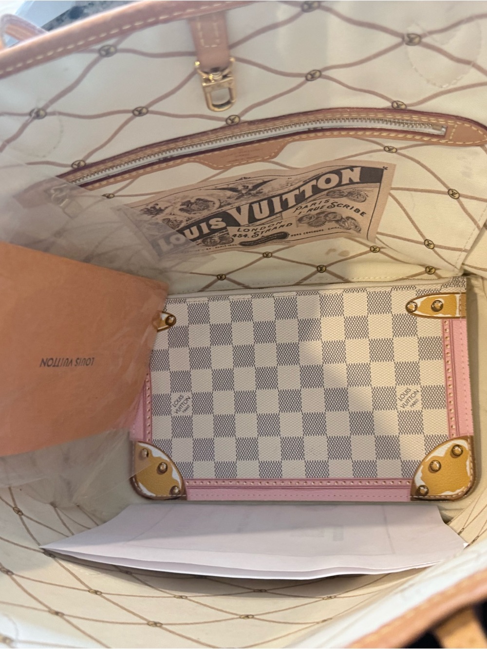 Louis Vuitton Cream Damier Tote with Pink & Light Blue Accents - Picture 8 of 9